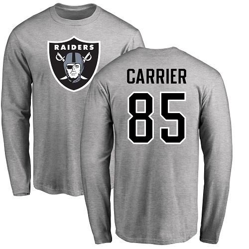 Men Oakland Raiders Ash Derek Carrier Name and Number Logo NFL Football #85 Long Sleeve T Shirt